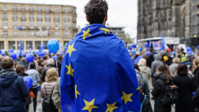 In the foreground participant wears a flag of the European Union during a pro-European Union rally, he has short brown hair and is seen from behind. Other participants stand a short distance away holding blue balloons.